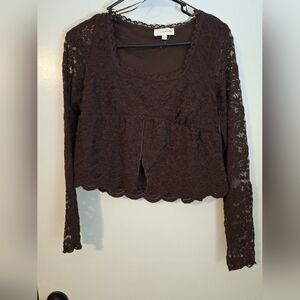 Lace Peplum Long-Sleeve Top in Brown